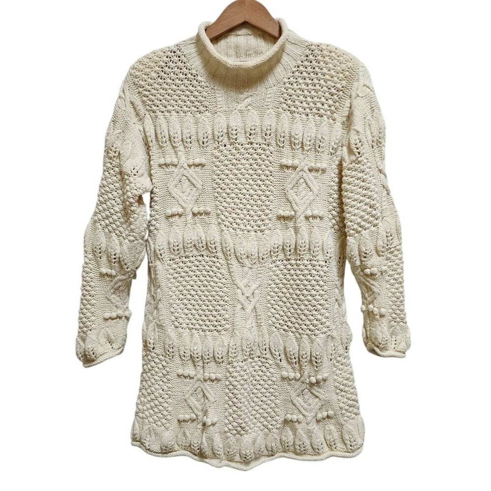 Yarnworks Cream Handknit Cotton Ramie Rolled Neck Long Slv Poms Sweater Size M